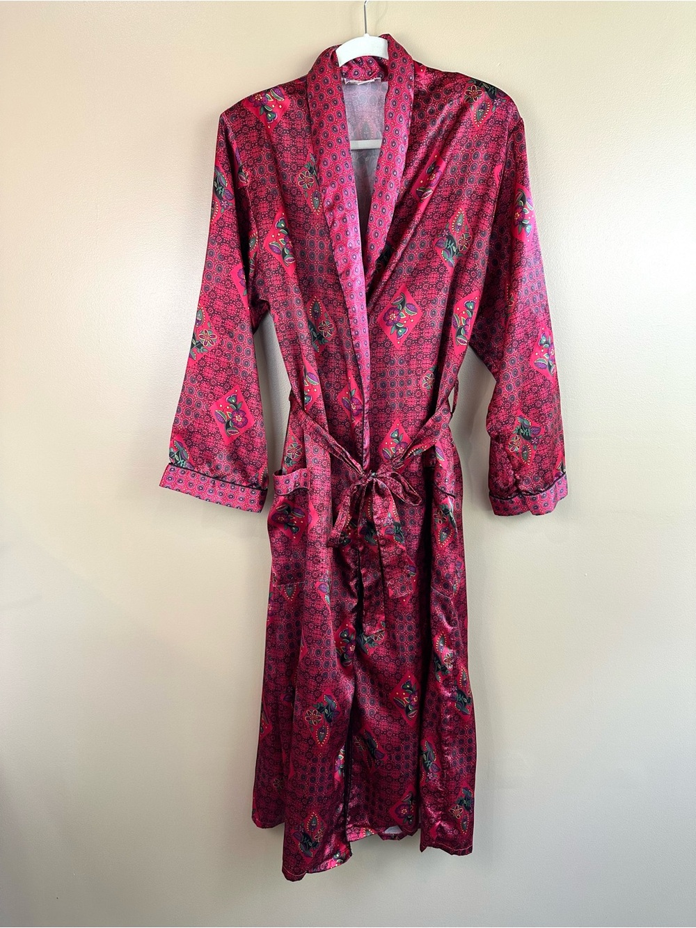 Vtg Beth Michaels Satin Long Robe Small S Burgundy Pink Red Floral Patchwork